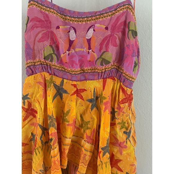 FARM Rio Maxi Dress Pink Orange Tropical Print Ruffled Tiered Spaghetti Strap - Picture 2 of 11